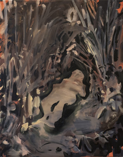 Abstract painting of a figure in a landscape.