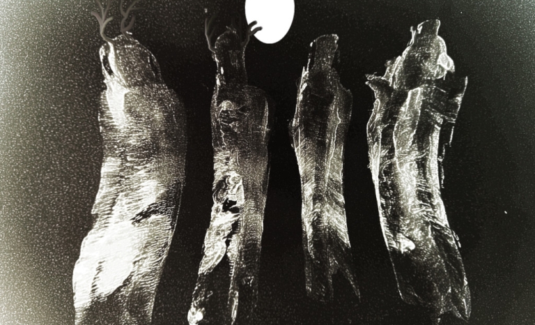 Photo en noir et blanc de quatre animaux ressemblant à des ours sur leurs pattes arrière, hurlant à la lune.