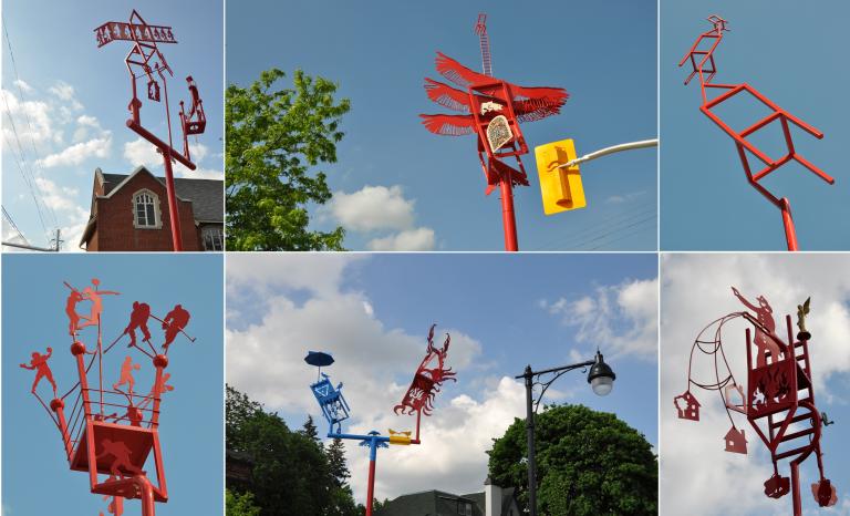 Un collage de photos de six des sculptures durant la journée.