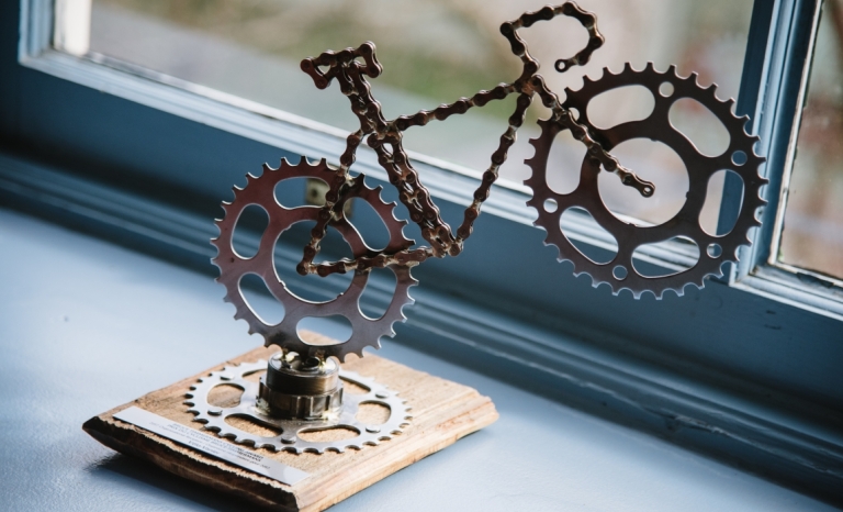 A cutom bike shaped trophy for cyclists made of bike parts