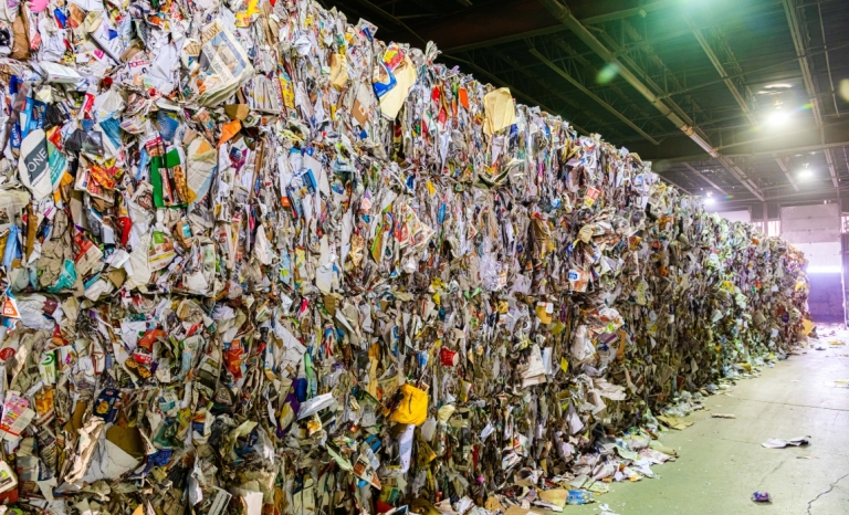 A large row of cubed and stacked recycled paper material