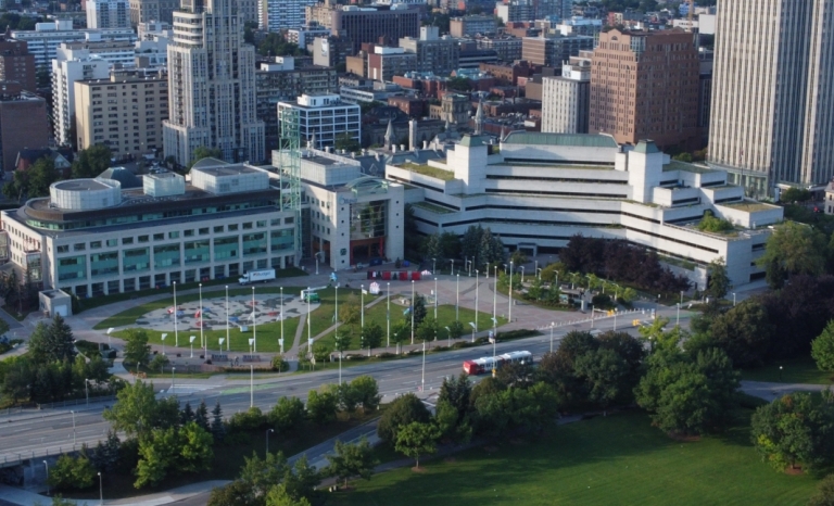 Drone shot of Ottawa City Hall and Marion Dewar Plaza