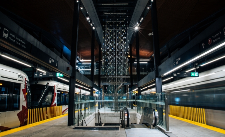 Public art at Blair Station featuring suspended glass tiles