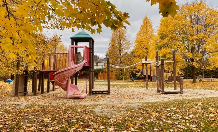 An outdoor play structure in the fall