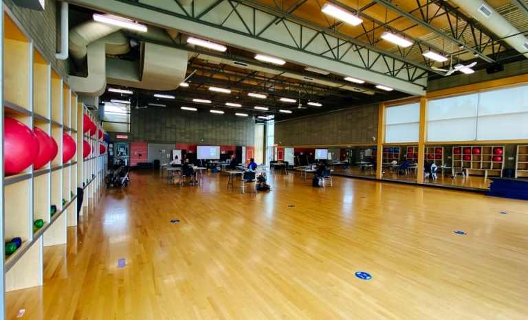 Interior of large modern fitness class room