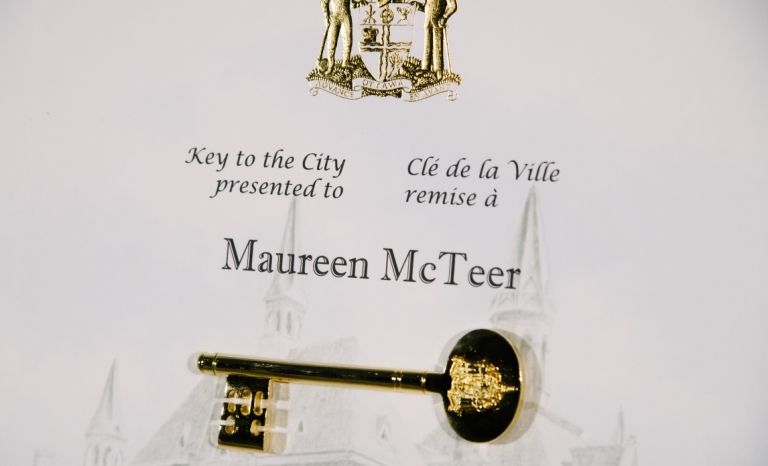 A close up of the Key to the City Plaque for Maureen McTeer.