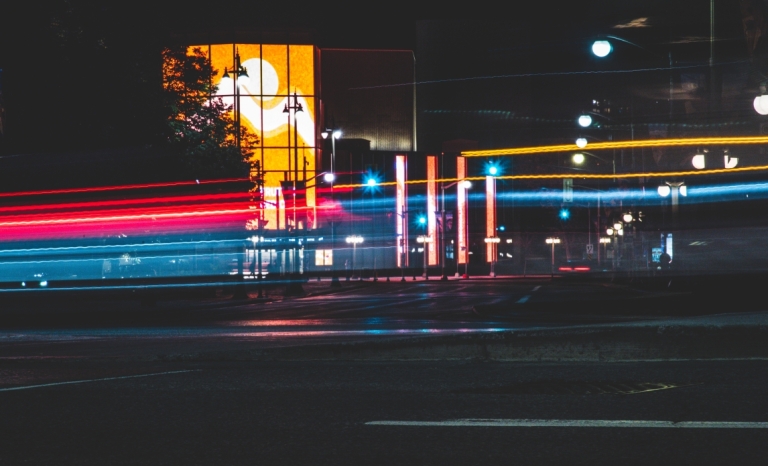 A street a night with blurred lights of traffic