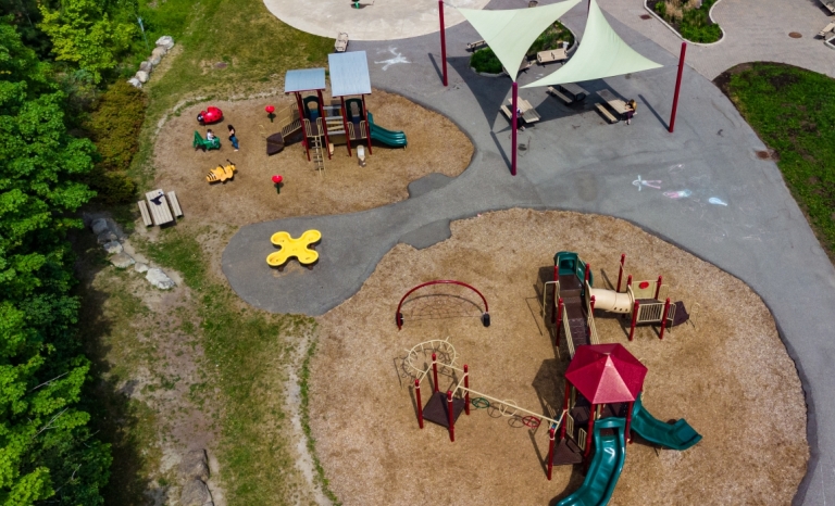 Drone shot of a splash pad at Richcraft Recreation Complex