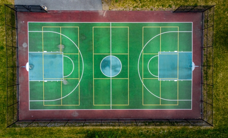 Drone shot directly above an outdoor basketball court at Richcraft Recreation Complex