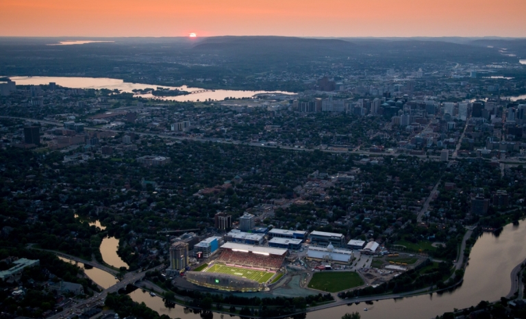 An aerial shot of the football stadium at Lansdowne