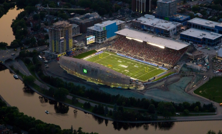 An aerial shot of the football stadium at Lansdowne