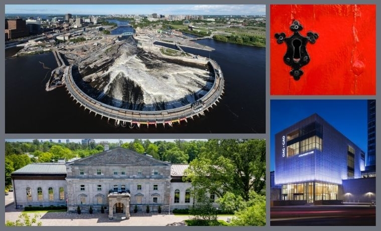 Collage of four photographs depicting Chaudière Falls, Rideau Hall, the Ottawa Art Gallery and a red door with a decorative black keyhole.