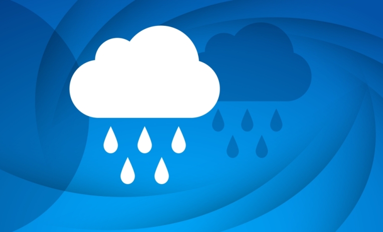 Graphic with a blue background and a pictogram of a rain cloud is in the middle./Image composée d’un fond bleu et un pictogramme représentant un nuage de pluie figure au milieu.