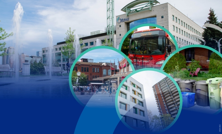 Image of Ottawa City Hall. To the right of the image, there are four circles depicting an OC Transpo bus, recycling bins along a curb, two high-rise residential buildings, and a street in the ByWard Market. 