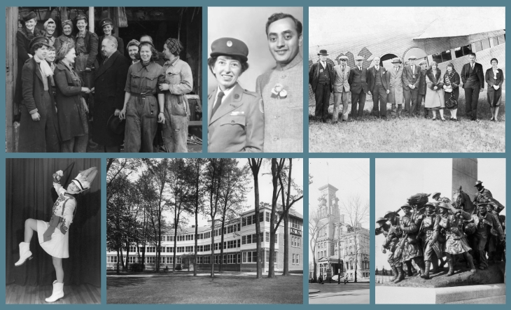 Collage de six photographies historiques, comprenant des personnes, un avion, un danseur et des éléments architecturaux.