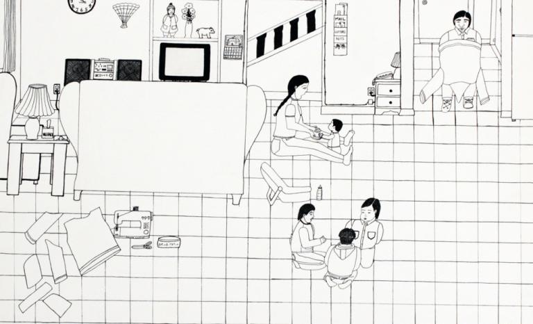 An ink drawing of an Inuit family in their living room doing various things.
