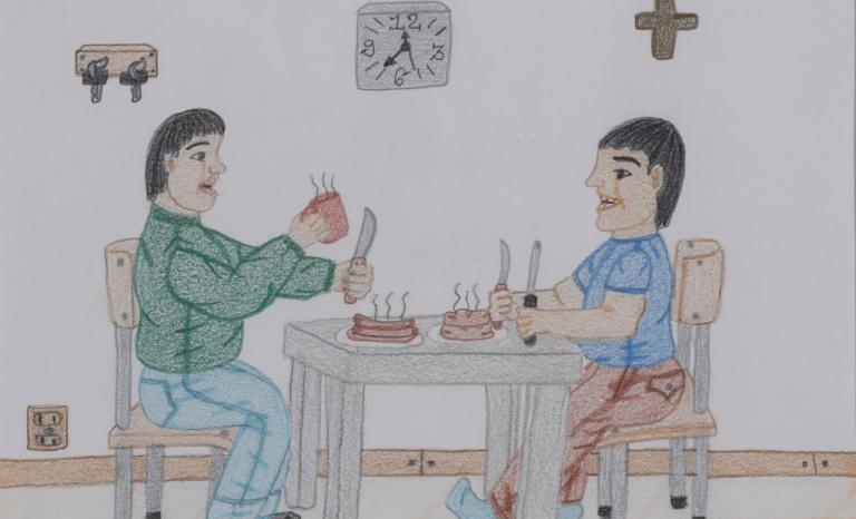 Drawn with coloured pencils, this image depicts two men sitting at a table having a snack. The simple room contains a cross, a clock and keys hanging on the wall.