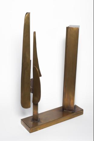 Bronze sculpture with two pillars depicting an abstract view of the human form
