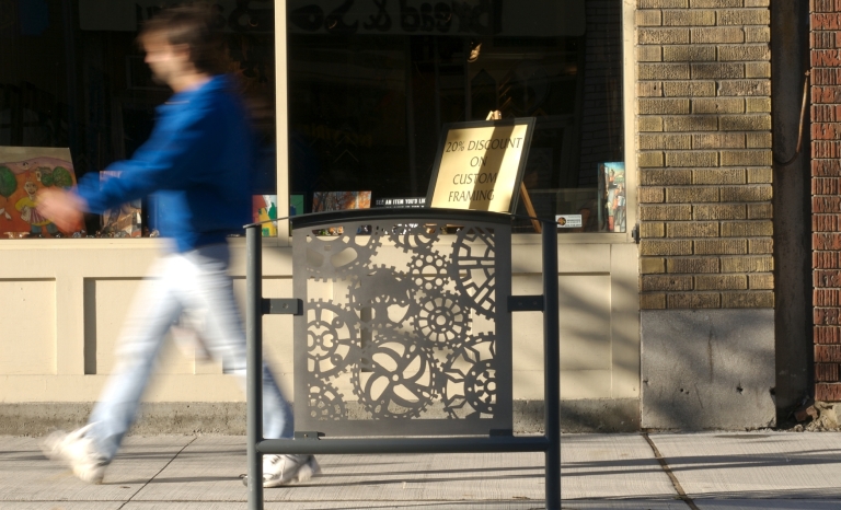 Image of one of the bicycle racks. Steel design of cogs.