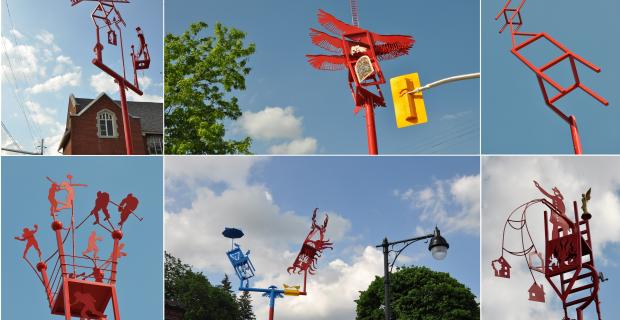 Un collage de photos de six des sculptures durant la journée.