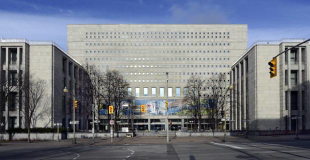 The Library and Archives Canada building at 395 Wellington Street in Ottawa, seen from Bay Street.