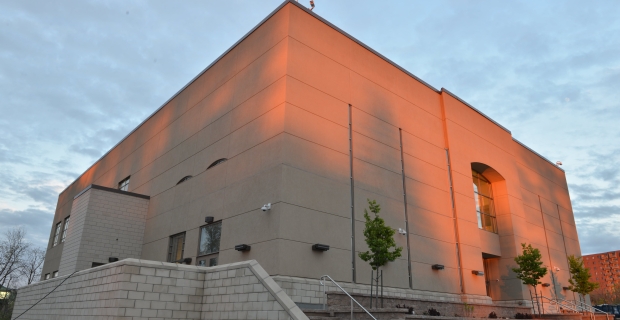 A three-storey building with wide front steps at sunset.