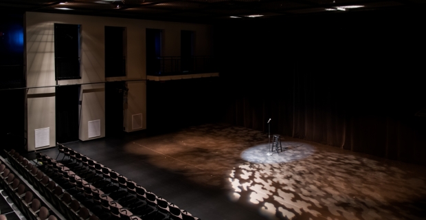 Centrepointe Studio Theatre view of the stadium seating from the stage.