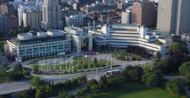 Drone shot of Ottawa City Hall and Marion Dewar Plaza