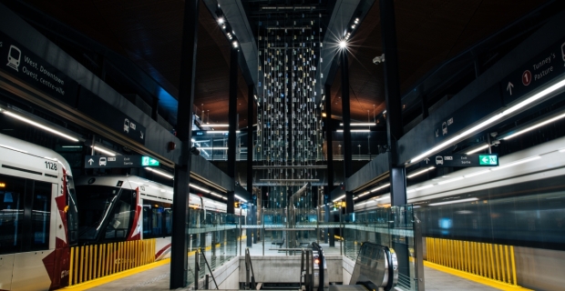 Public art at Blair Station featuring suspended glass tiles