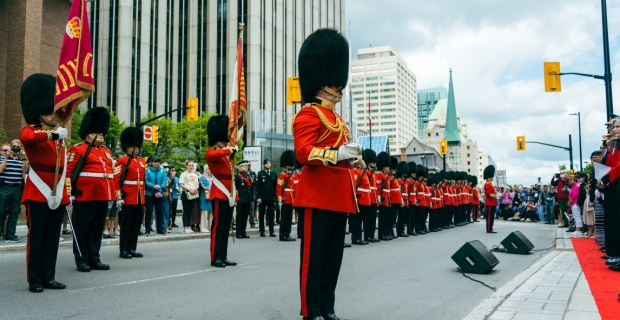 A column of Governor General foot soldiers standing at attention on Elgin Street