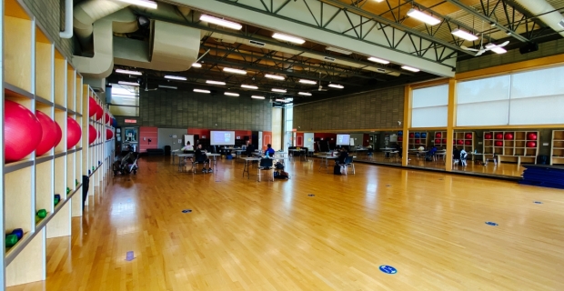 Interior of large modern fitness class room