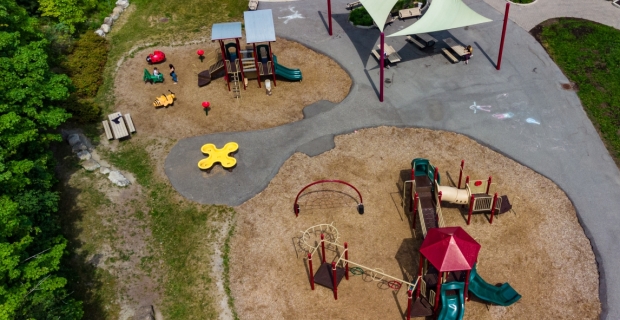 Drone shot of a splash pad at Richcraft Recreation Complex