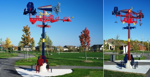 Daytime image of the steel sculptures installed at a park.