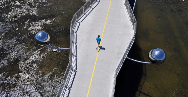 Overhead image of the installed stainless steel sculpture.