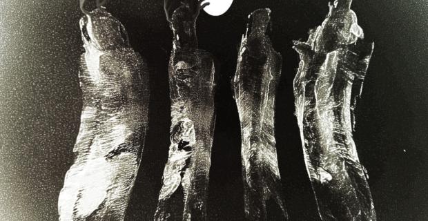 A black and white photo of four bear-like animals up on their hind legs howling at the moon.