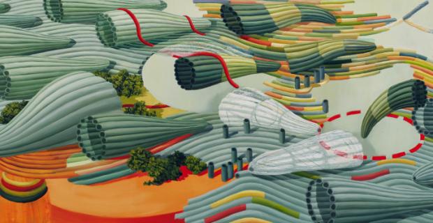 This bird's eye view landscape is an abstraction of rolling fields, paths and trees, comprised of enlarged microscopic objects.