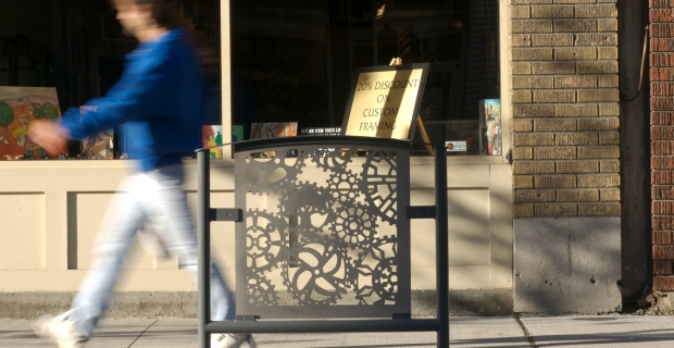 Image of one of the bicycle racks. Steel design of cogs.