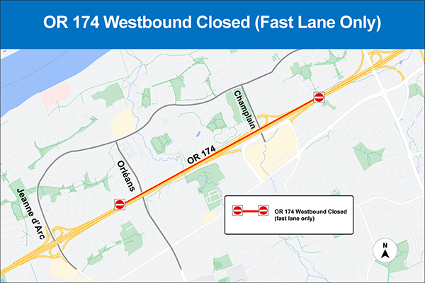 Map depicting closure of OR 174 westbound fast lane from east of Champlain Street to west of Orléans Boulevard