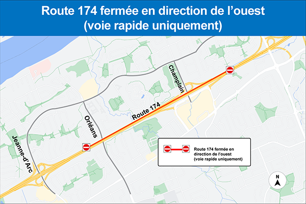 Carte illustrant la fermeture de la voie rapide de l'OR 174 en direction de l'ouest, de l'est de la rue Champlain à l'ouest du boulevard Orléans