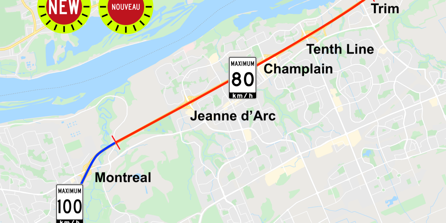 Carte illustrant la 174 entre la station Montréal et la station Trim, montrant que la limite de vitesse sur l'autoroute est réduite à 80 km par heure
