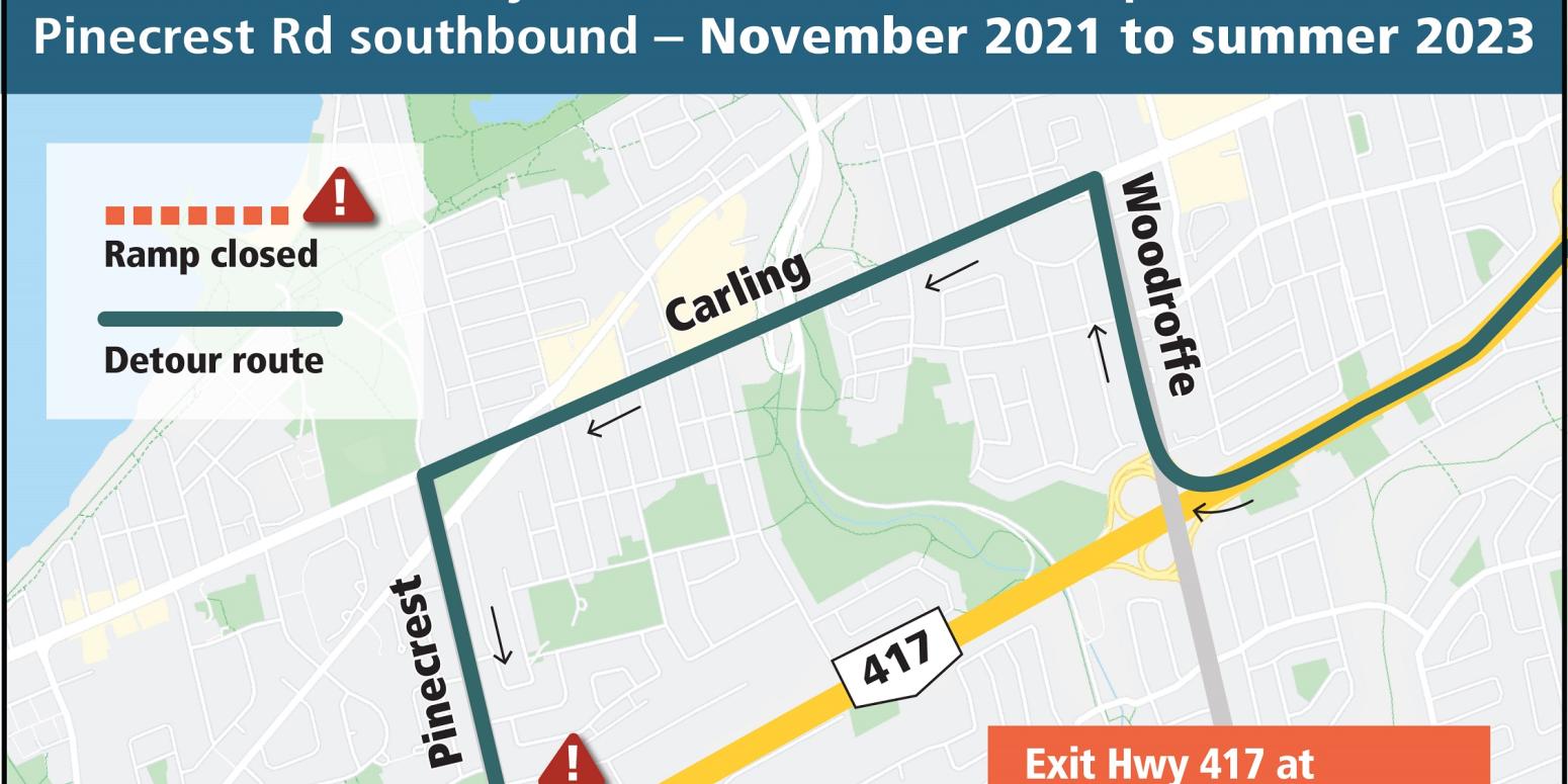 Map depicting detour for Highway 417 westbound off-ramp closure, south