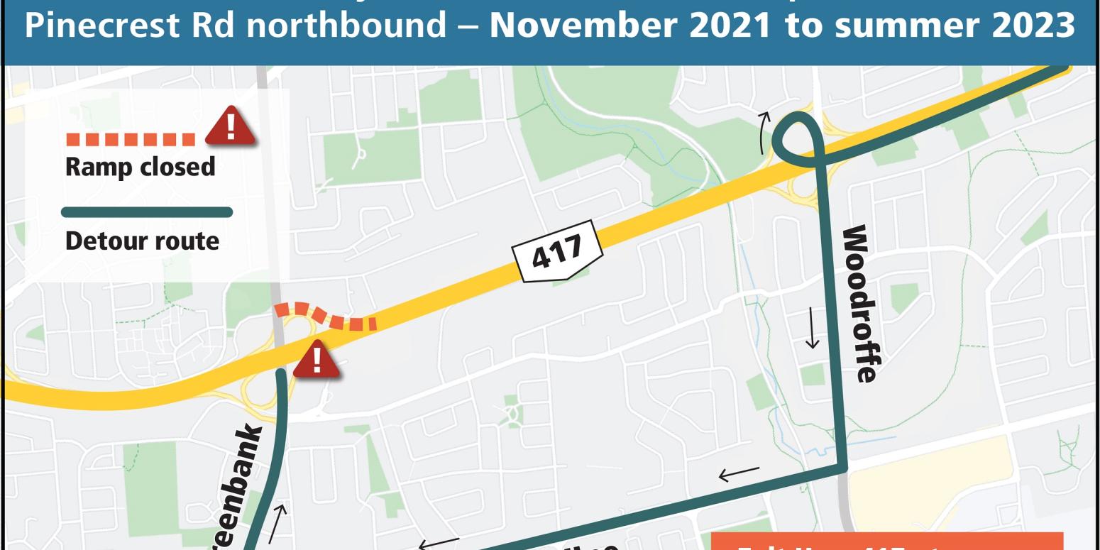 Map depicting detour for Highway 417 westbound off-ramp closure, north