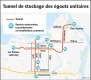 Une carte montrant l’emplacement général des deux tunnels interconnectés, des bassins souterrains, des raccordements et des installations connexes.