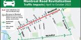 A traffic detour map showing an eastbound closure of Montreal Road from Vanier Parkway to St. Laurent Boulevard. One westbound lane is open. Eastbound traffic is detoured south from the Vanier Parkway to McArthur, then north on St. Laurent to travel westbound on Montreal Road. Several side streets are closed at Montreal Road, but the following ones are open: Hannah, Olmstead, Marier, Lacasse, Ste-Anne and Cantin.