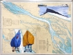 Un bleu et un orange en bas à droite. L’arrière-plan est une carte qui comprend une rivière, des compas et d’autres éléments cartographiques.