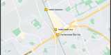 Une carte grise avec des routes blanches, des autoroutes jaunes, des parcs verts et des cours d'eau bleus le long du prolongement sud de l'O-Train. Les gares indiquées entre la gare de Walkley et le pont ferroviaire de Lester sont représentées dans des cases jaunes. L'alignement ferroviaire est représenté par une ligne pointillée noire.