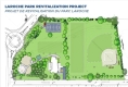 Aerial rendering of the Laroche park redevelopment plan showing the placement and design of the park amenities and new field house 