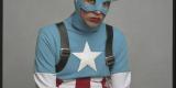 model dressed up as Marvel comic character Captain America