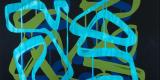 Abstract painting with blue, green, and turquoise lines