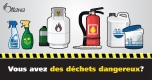 Un graphique avec un fond gris clair et des pictogrammes représentant des pesticides, des réservoirs de propane, un extincteur et des produits chimiques pour piscine. La moitié inférieure du graphique a un fond noir sur lequel est écrit : « Vous avez des déchets dangereux? »